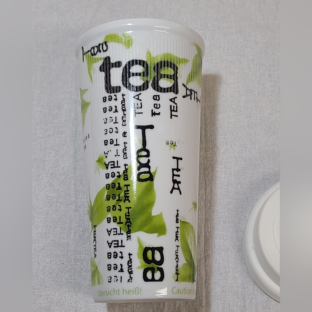 Konitz 12 Oz. Green & White Tea Collage Porcelain Traveler Mug w/ Silicone Lid